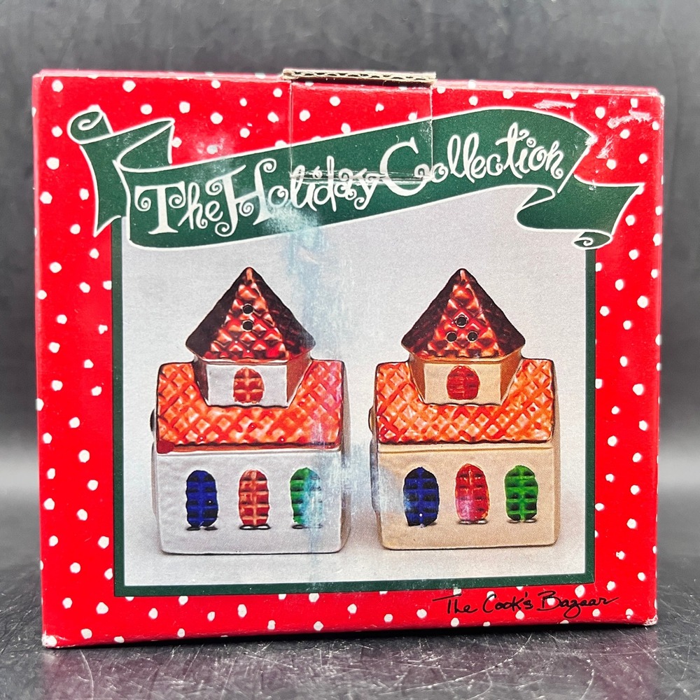 The Cooks Bazaar Holiday Collection Church House Salt Pepper Shakers in Box Vtg
